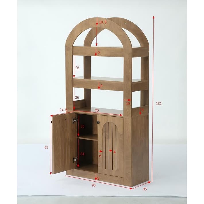 Arched Bookshelf Bookcase with 3-Tier Shelves and a Spacious Cabinet