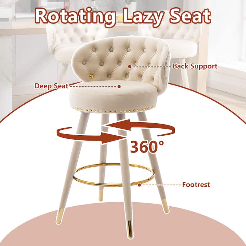 Velvet Upholstered 360 Degree Swivel Tufted Bar Stools with Golden Footrest(set of 2)