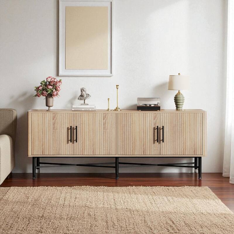 66" Media Console TV Stand with 4 Doors, Adjustable Shelves, Cable Management, Wood Finish & Metal Legs, Fits 65" TV - Natural