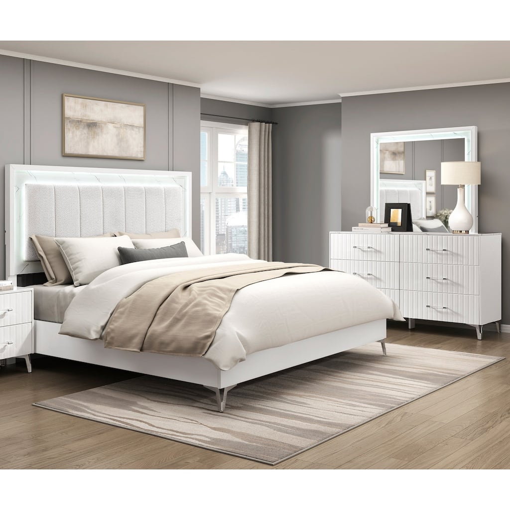 3-Piece LED Light Bedroom Furniture Set Bed Dresser Mirror Gloss White Finish