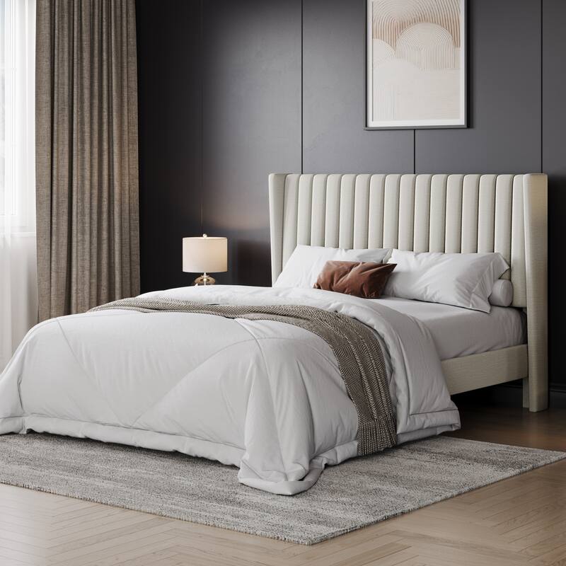 Yaheetech Upholstered Bed Frame with Wing Side Fabric Upholstered Bed with Headboard - Ivory - Queen