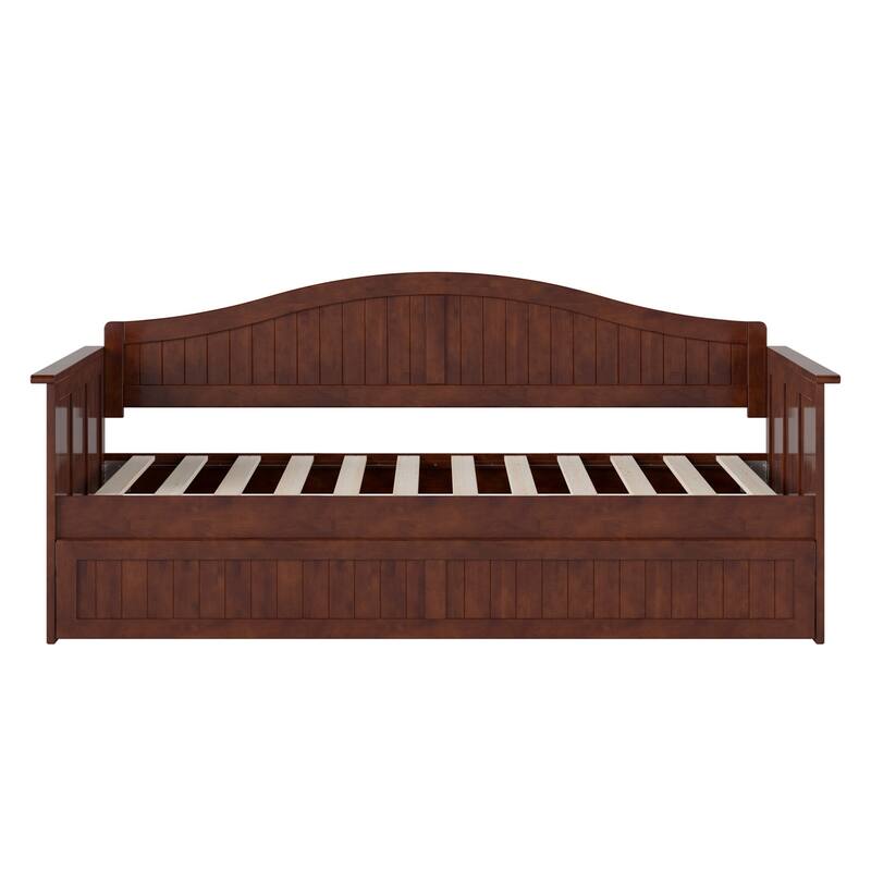 Twin Daybed with Trundle - Walnut Wood Frame & Beadboard Design - Space Saving Sleeper