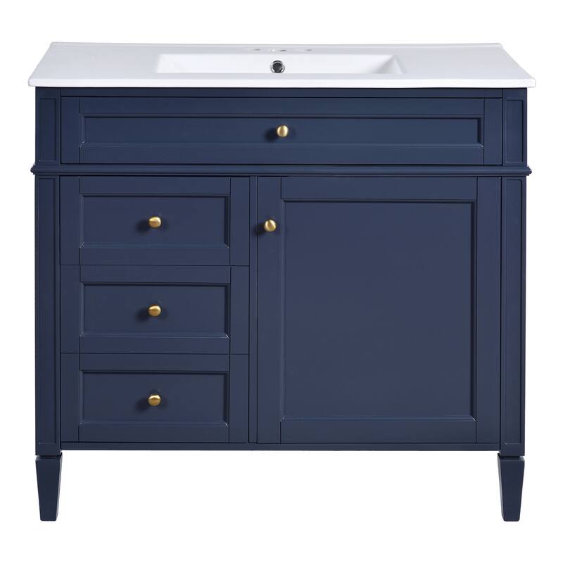 Modern Single Sink Bathroom Vanity Cabinet with Door Rack, Tip-out Drawer, 2 Pull-out Drawers, Metal Knobs and Adjustable Shelf