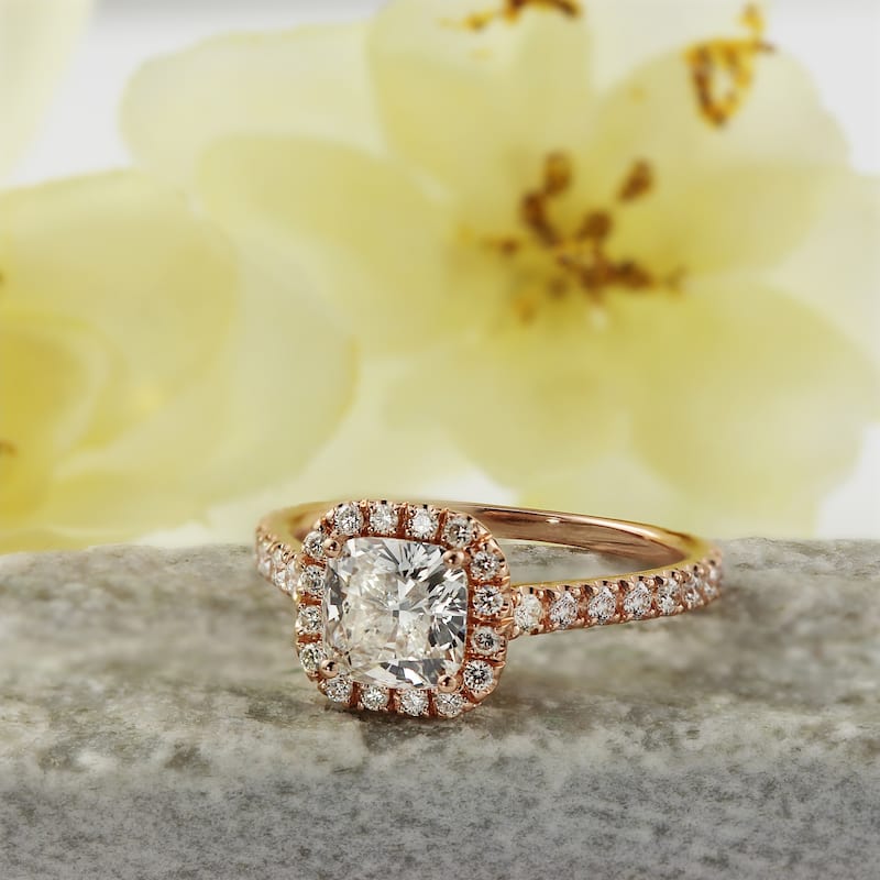 Auriya 14k Rose Gold 1 1/2ctw Cushion-cut Halo Diamond Engagement Ring Certified (H-I, SI1-SI2)