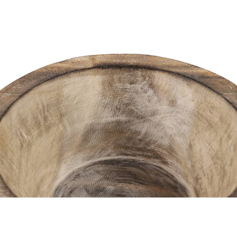 Large Round Decorative Hand-Carved Brown & White Wood Bowl w/ Tribal Design 15.5 x 7 - 16 x 16 x 7Round