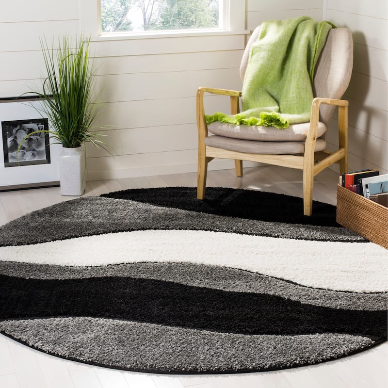 SAFAVIEH Florida Shag Cirilla Abstract Wave 1.2-inch Thick Rug - 6'7" x 6'7" Round - Grey/Black
