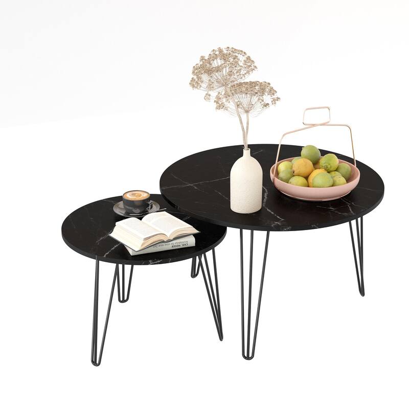 Anmytek Set of 2 Nesting Round Coffee Tables with Marble Effect Top & Hairpin Legs, Black Industrial Modern Side Tables