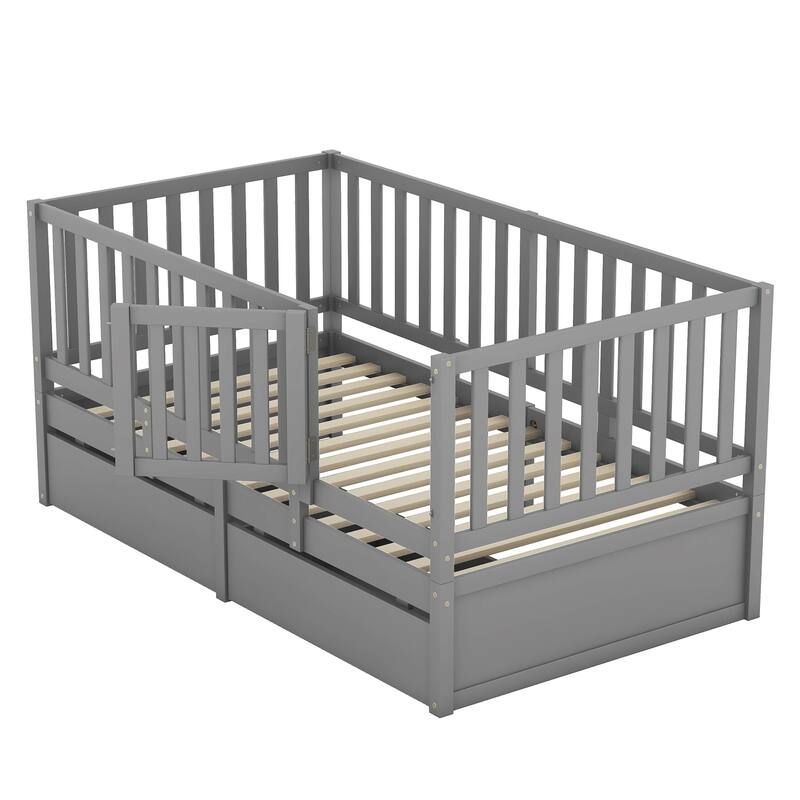 Twin Size Wood Daybed with Fence Guardrails and 2 Drawers