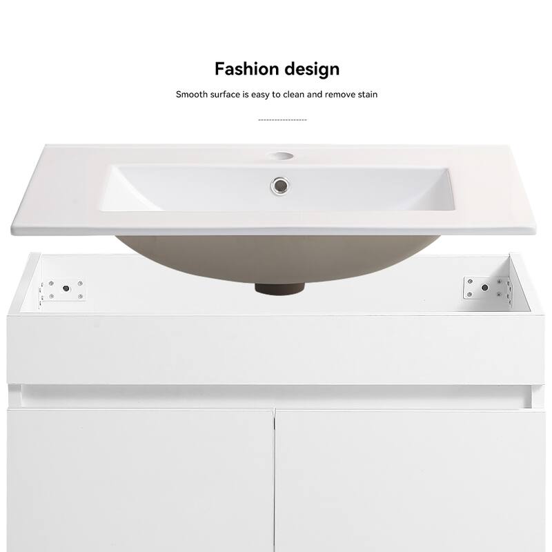 30 in. W x 19 in. D x 20 in. H Wall Mounted Bathroom Vanity with White Ceramic Basin,Two Soft Close Cabinet Doors