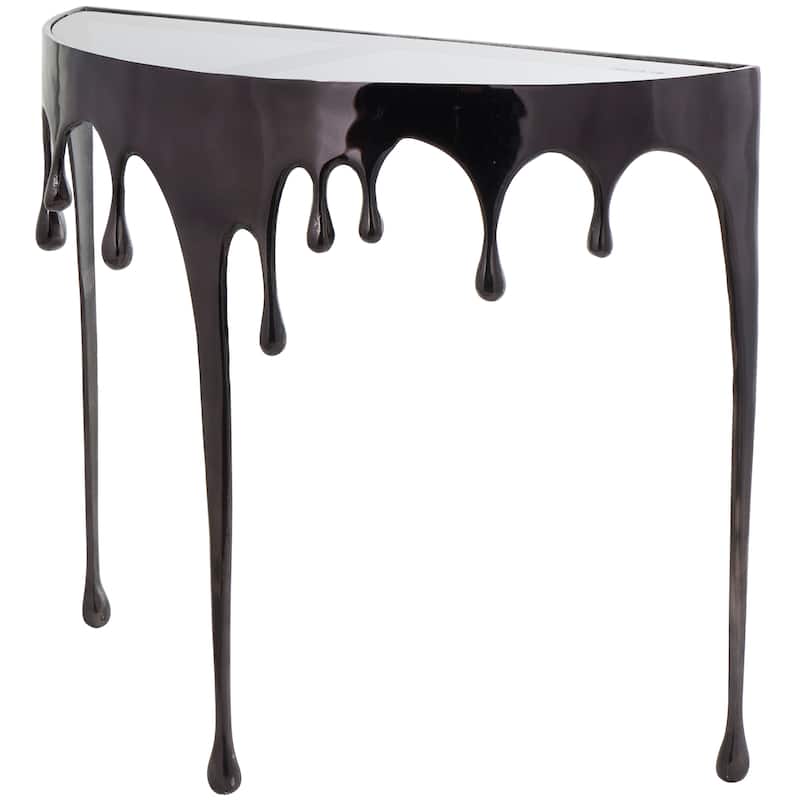 Aluminum Metal Abstract Drip Accent Table with Melting Design and Shaded Glass Top - Roche River Decor