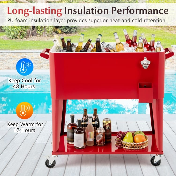 Metal Rolling Cooler Ice Chest with Wheels, Insulation and Bottle Opener - 36" x 15.5" x 34.5"
