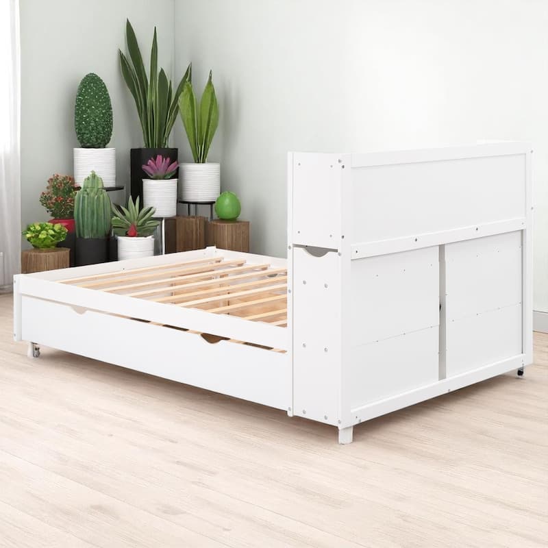 Full Storage Bed with Trundle, Headboard Shelves, USB Charging Port & 2 Drawers, Pine Wood Frame