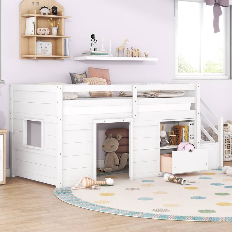 Solid Wood Low Loft Bed With Stair, Drawer, and Shelf