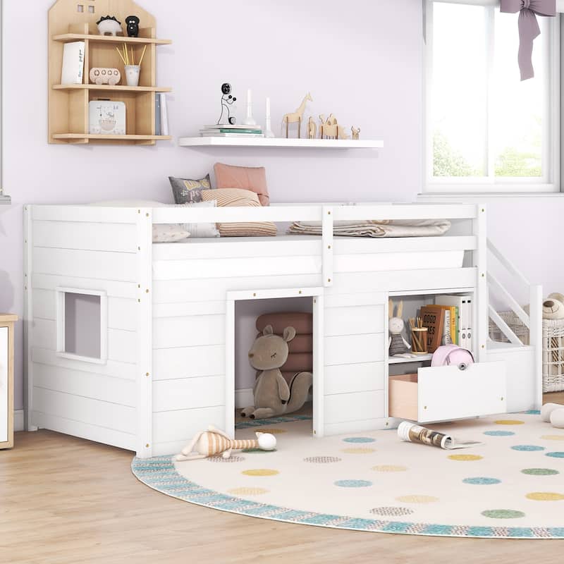 Twin Low Loft Bed with Storage Drawer, Bookshelf, and Playhouse Structure