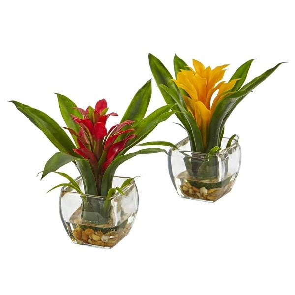 Nearly Natural Bromeliad with Vase Arrangement - Set of 2