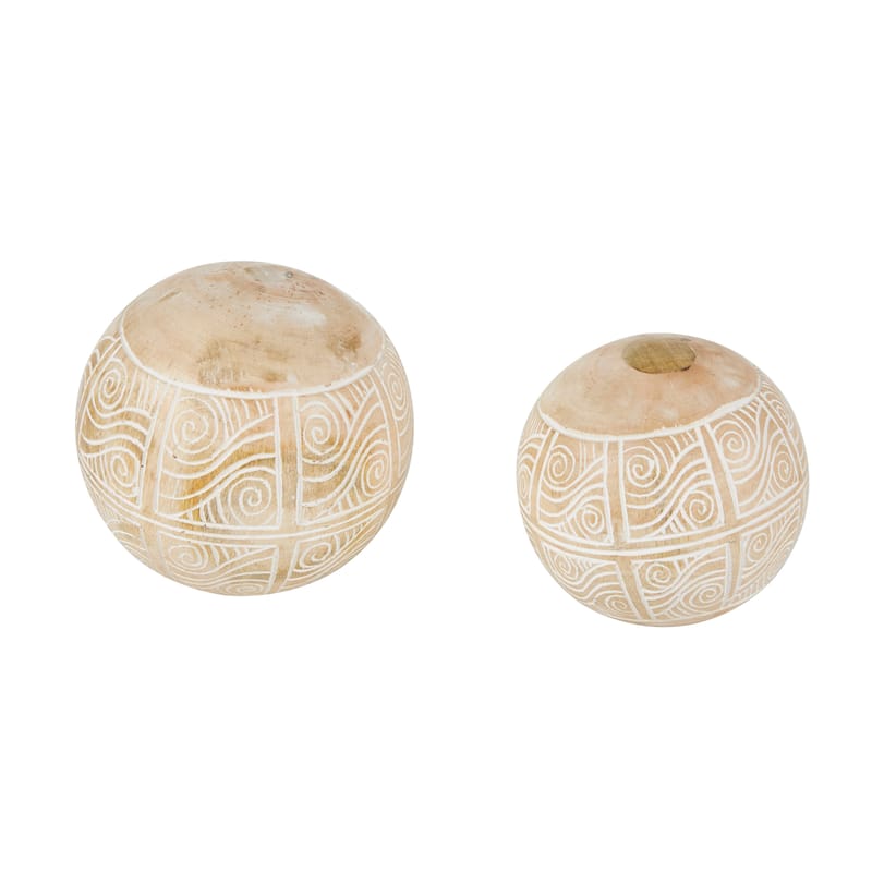 Cream Mango Wood Handmade Decorative Ball Orbs & Vase Filler with Carved Lines or Tribal Patterns (Set of 2)