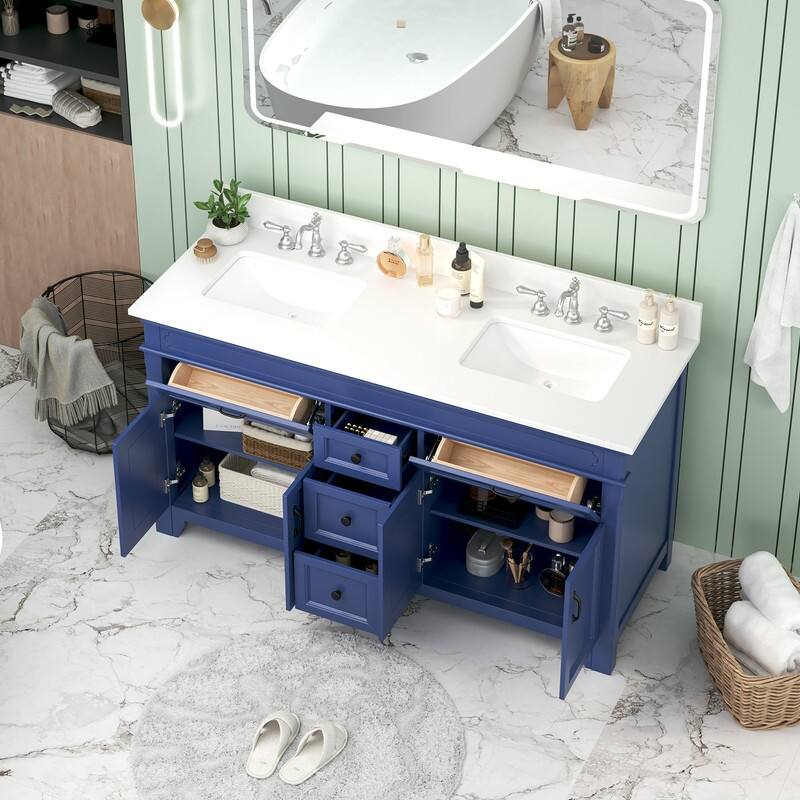 60-Inch Double Sink Bathroom Vanity – Clean Elegant Style in Solid Wood and MDF Blend