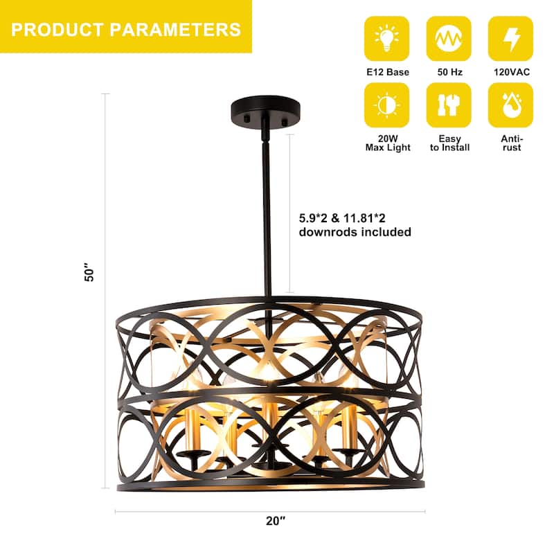 Oaks Aura Metal Chandelier,Caged Pendant Light,Modern Fixture with Adjustable Downrod and E12 Bulb Base for Living Room,Bedroom