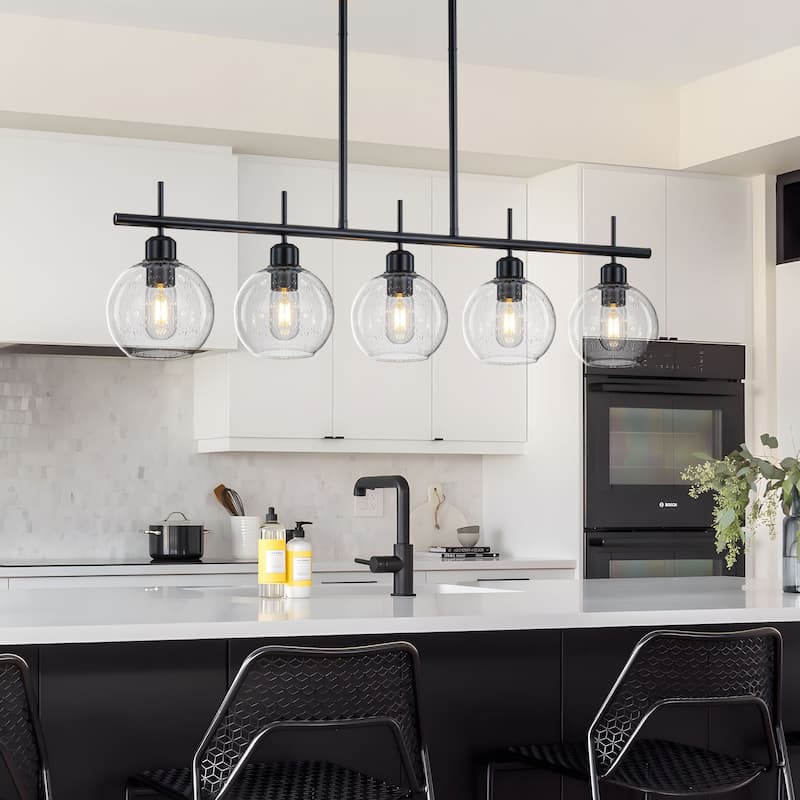 Starsky 5-Light Modern Linear Kitchen Island Pendant with Seeded Glass Globes, Adjustable Height, Black or Gold
