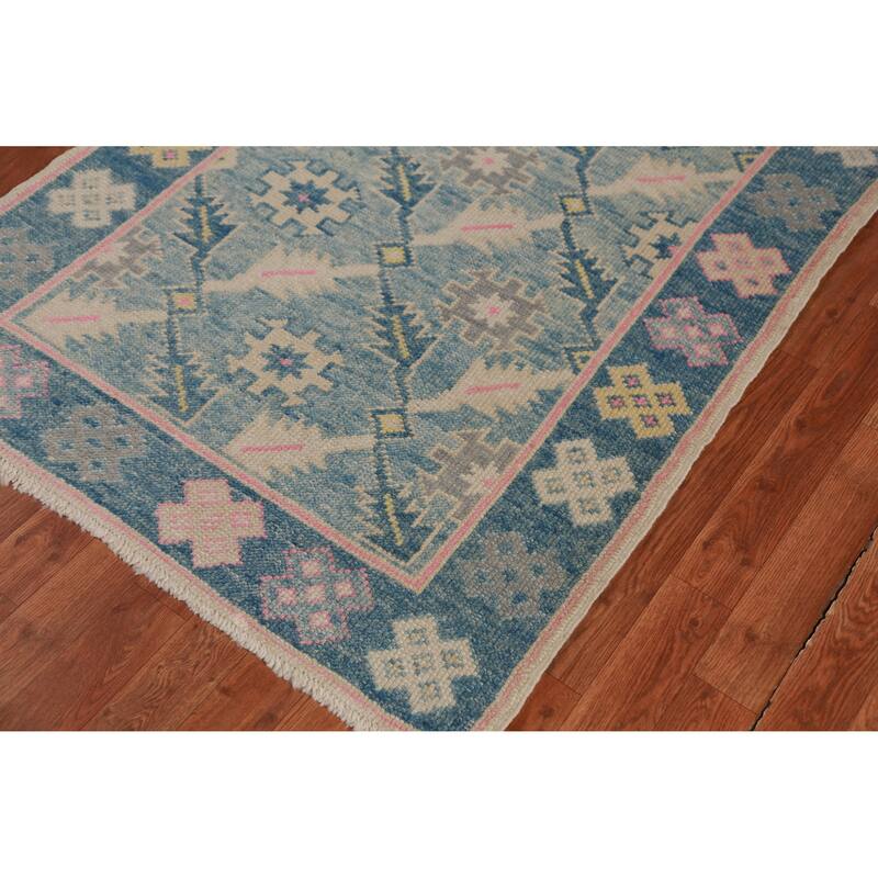 Hand Knotted Oriental 100% Wool Carpet Transitional Floral Navy Blue & Blues Oushak Runner Rug - 16' 7'' X 3' 6''