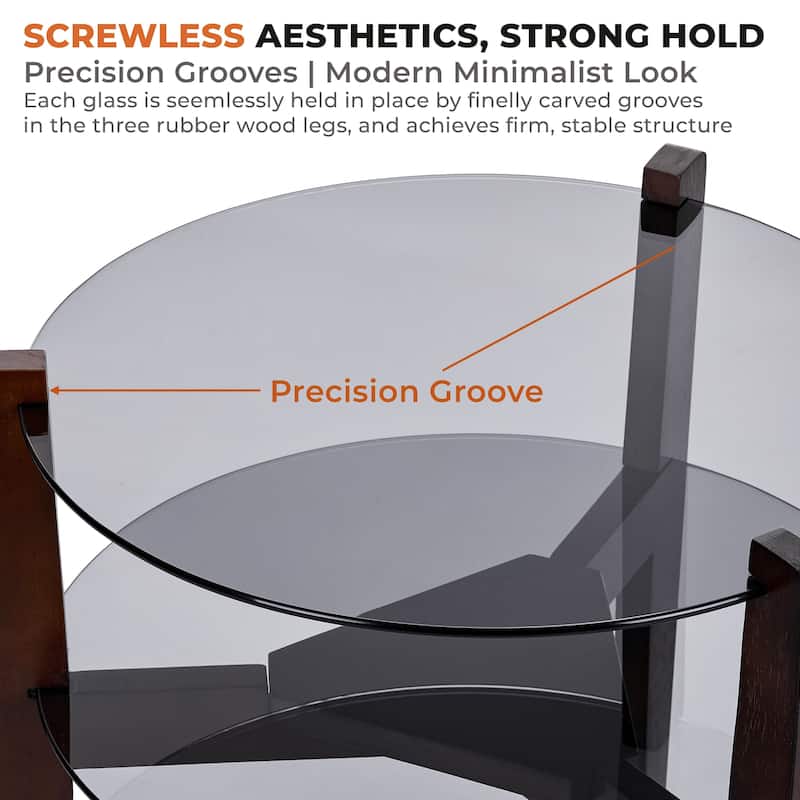 24 Inches 2-tier Glass Round End Table with Shelf and Wooden Legs