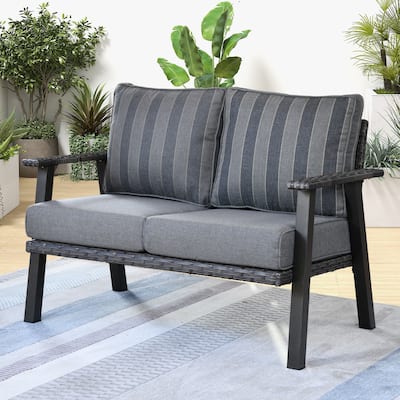 OVIOS Outdoor Steel Frame Bench Wicker Stripes Pattern Cushion Loveseat