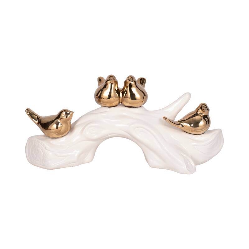 Porcelain Bird Statue with White Branch Base - 14", White & Gold - 14" x 5" x 6"