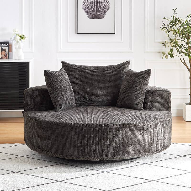 360 Degree Swivel Sofa Chair with Backrest Pillow for Livingroom 55'' Chenille Single Sofa, Round Fluffy Sleeper Sofa