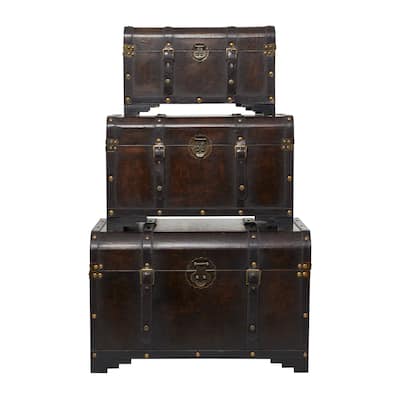 Wooden Nesting Upholstered Trunk with Vintage Accents and Studs - Set of 3 Brown - Roche River Decor - 16"Wx28"Lx19"H