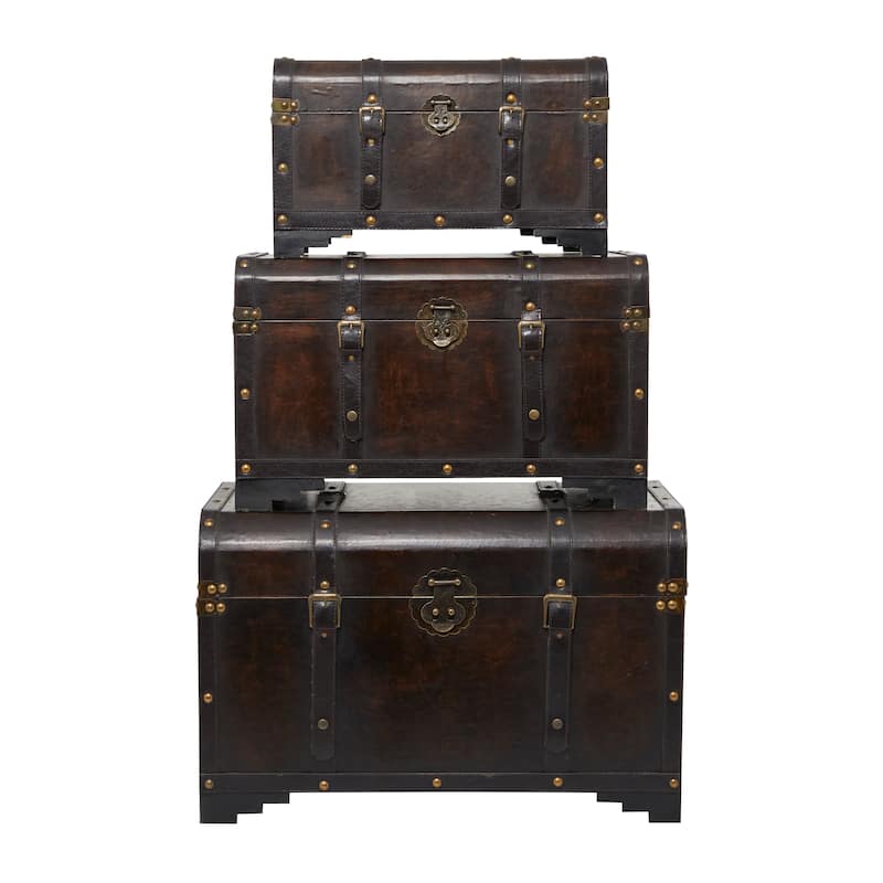 Wooden Nesting Upholstered Trunk with Vintage Accents and Studs - Set of 3 Brown - Roche River Decor - 16"Wx28"Lx19"H