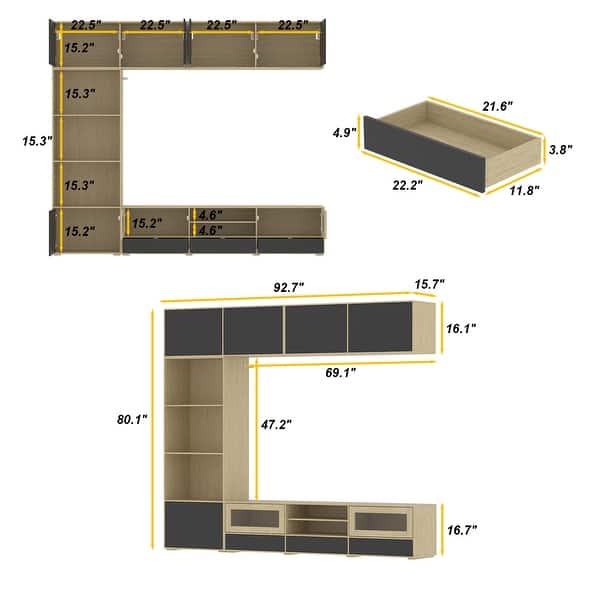 Modular Storage Wall Unit with Adjustable Shelves and TV Stand – Oak Veneer & Black Fronts
