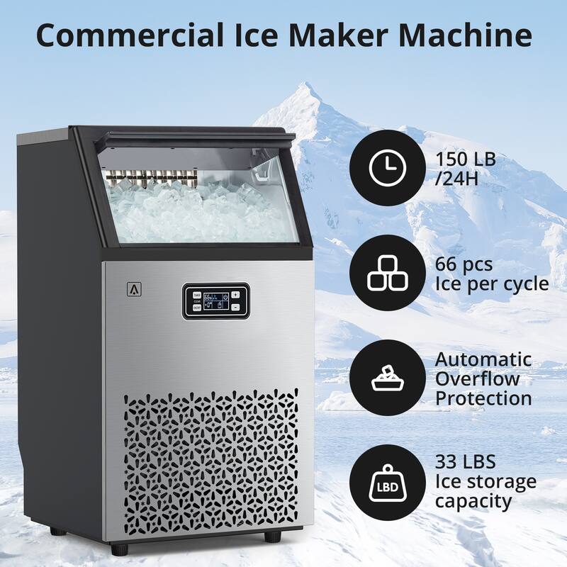 Commercial Ice Maker Machine, 150 lbs/Day, 33 lbs Storage Capacity - 150lb/day