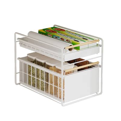 2-Tier Under Sink Cabinet Organizer with Wooden Handle, Drawer Organizer Kitchen Telescopic Drawer for Kitchen