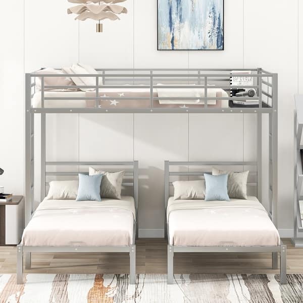 slide 2 of 13, Full over Twin&Twin Size Metal Bunk Bed with Ladder,Industrial Style Silver
