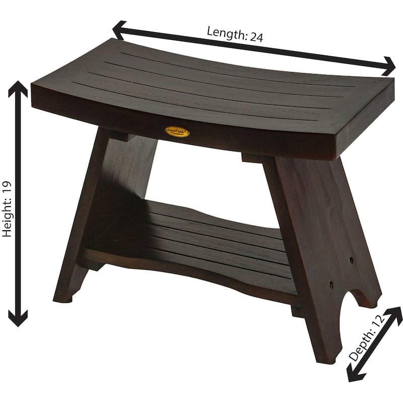 24" DecoTeak Serenity Eastern Style Solid Teak Shower Bench With Shelf in WoodLand Brown Finish