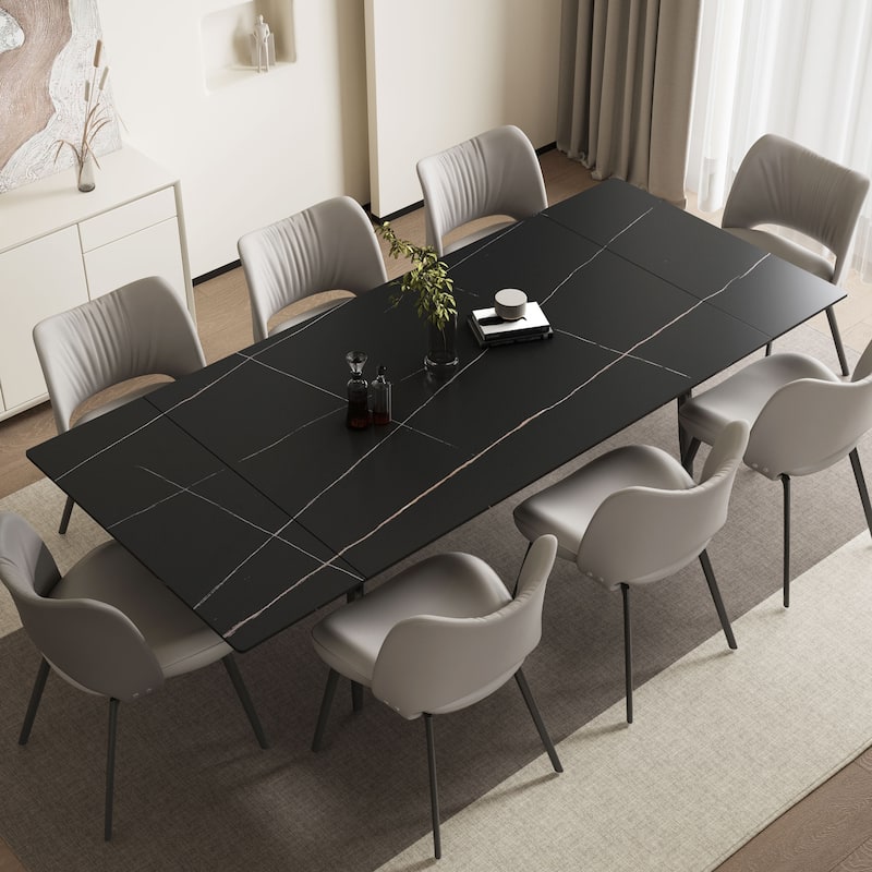 62.9'' to 94.4'' expandable Slate rectangular Glossy White kitchen Stone Top dining table stainless steel legs.