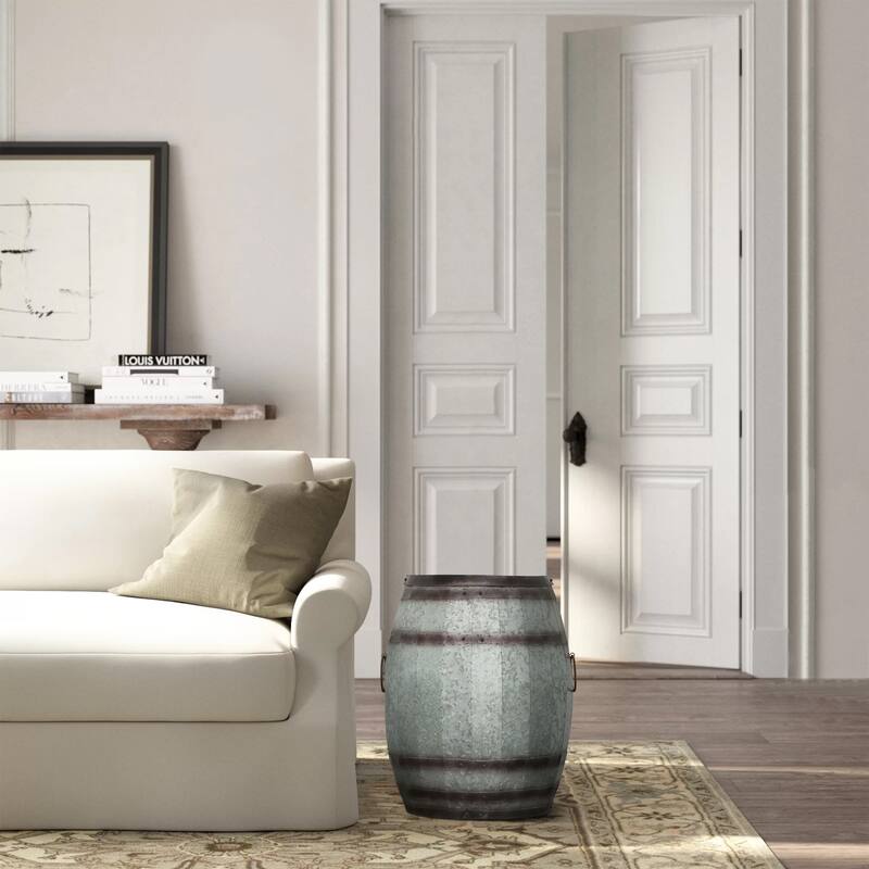 Barrel Drum Shape Storage Table with Removable Lid, Rustic Brown and Gray Metal
