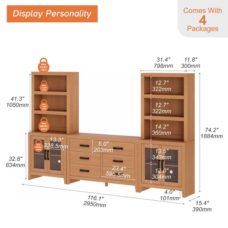 WAMPAT Farmhouse Entertainment Center with Bookshelves, Media Console with Glass Doors & 6 Storage Drawers
