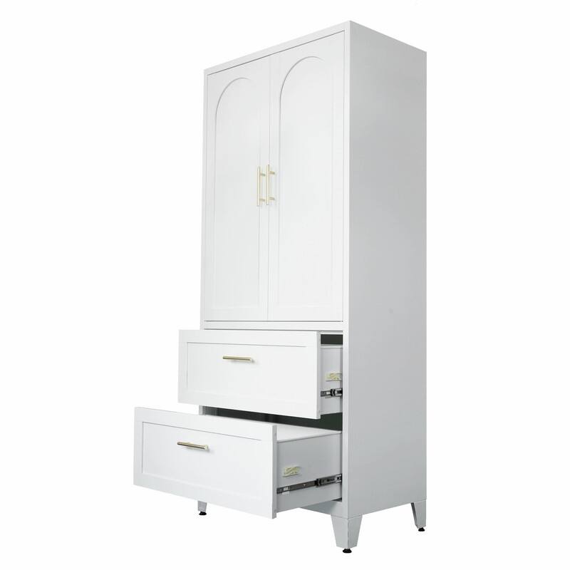 71" Tall Metal Wardrobe Cabinet with 2 Drawers, Hanging Rod, and 2 Doors, Wardrobe Closet with Shelf