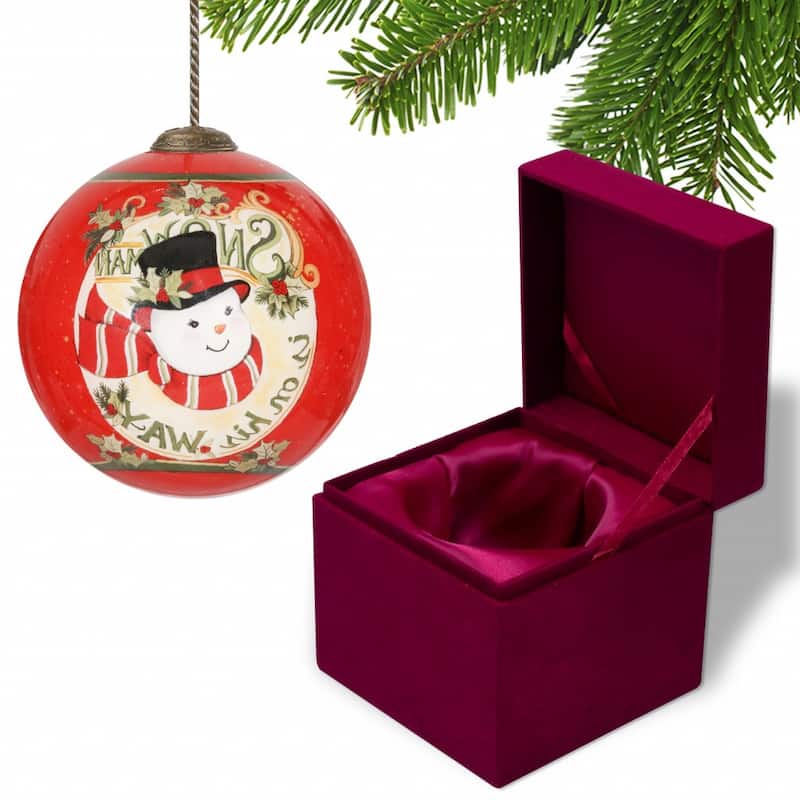 Festive Snowman on his way Hand Painted Mouth Blown Glass Ornament - 3" x 3" x 3"