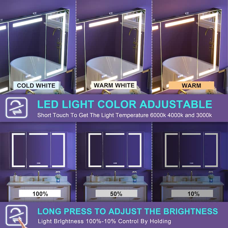 30" H Recessed or Surface LED Mirror Cabinet with Adjustable Glass Shelves,Defogger, Dimmer And Outlets & USB Ports