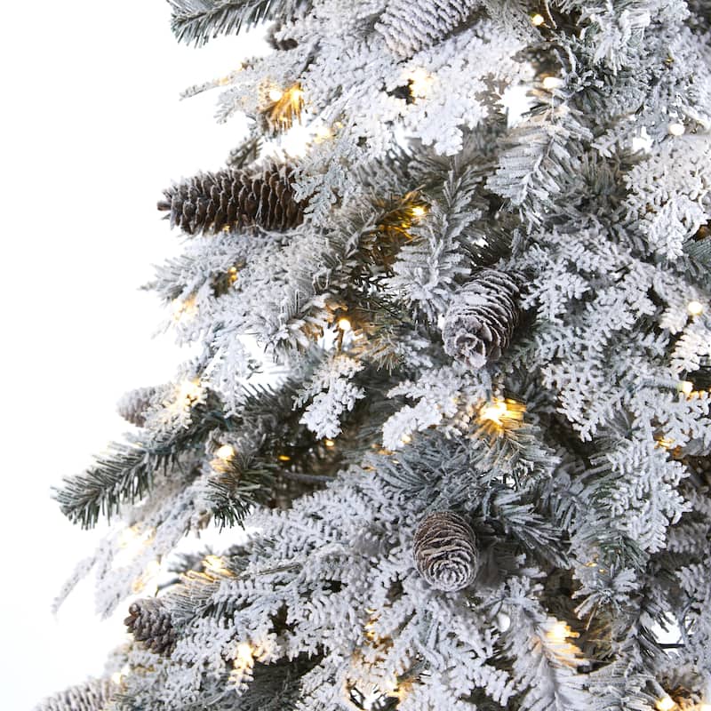 8Ft Artificial Christmas Tree with Lights & Pinecones - Holiday Decor, Winter Tree, Festive Spruce, 96" Tall - White - 96