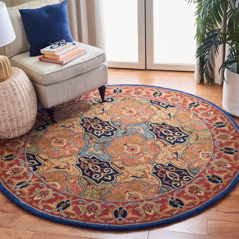 SAFAVIEH Handmade Heritage Sabien Traditional Wool Rug - 6' Round - Blue/Red