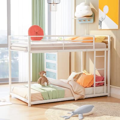 Twin over Twin Metal Bunk Bed, Low Bunk Bed with Ladder,White