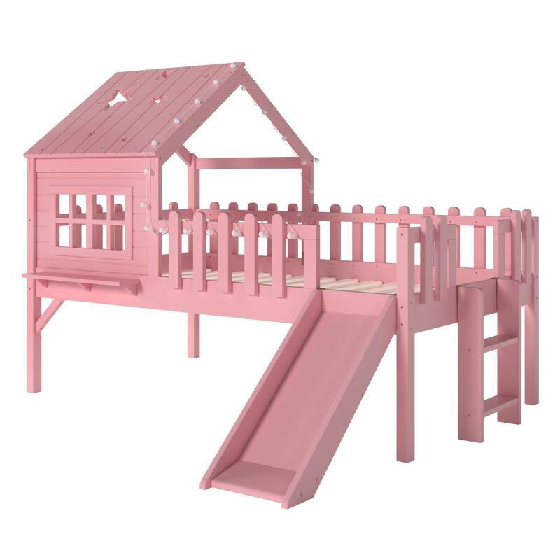 House Loft Bed with Slide and LED Lights, Kids Playhouse Bed with Star & Moon Cutout Roof and Window, Low Loft Bed