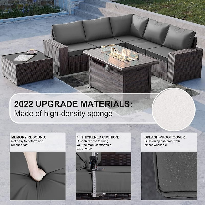 Outdoor Patio Furniture Set, All Weather PE Wicker Sectional Conversion Sofa set with Firepit(Optional)