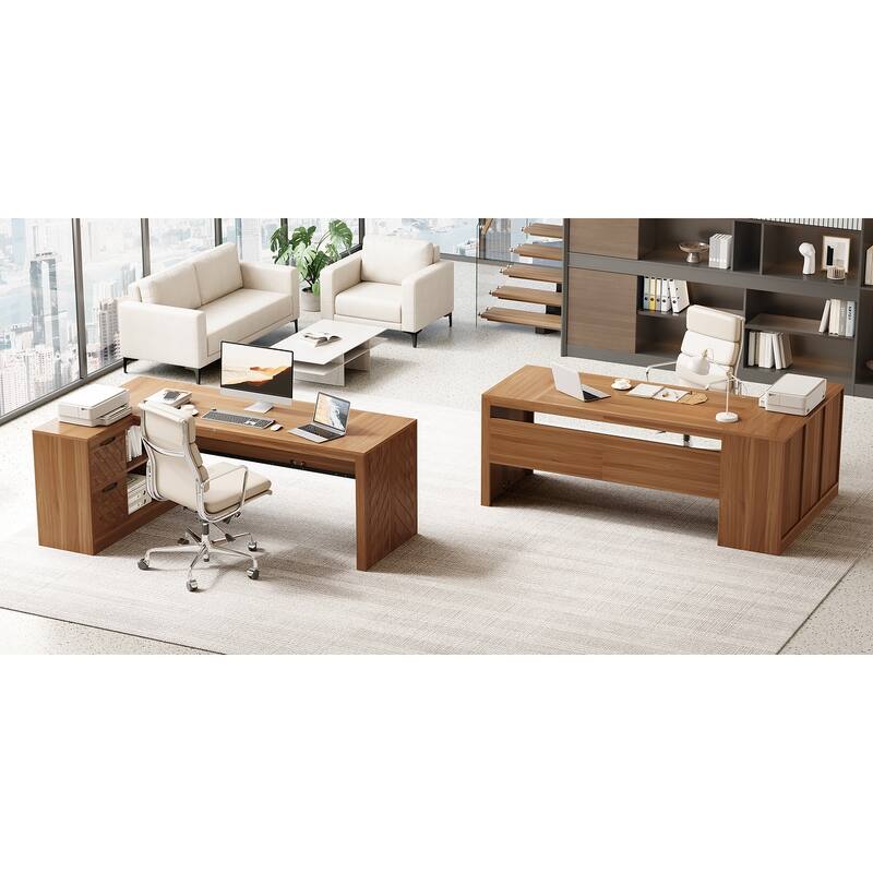 78.7" L-Shaped Executive Desk, Large Home Office Corner Desk with 2 File Drawers & Storage Shelves