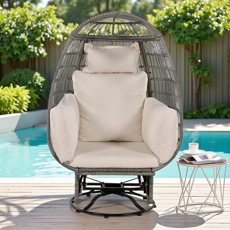 Outdoor Patio Rattan Swivel Egg Chair with Rocking Function - Beige+Grey