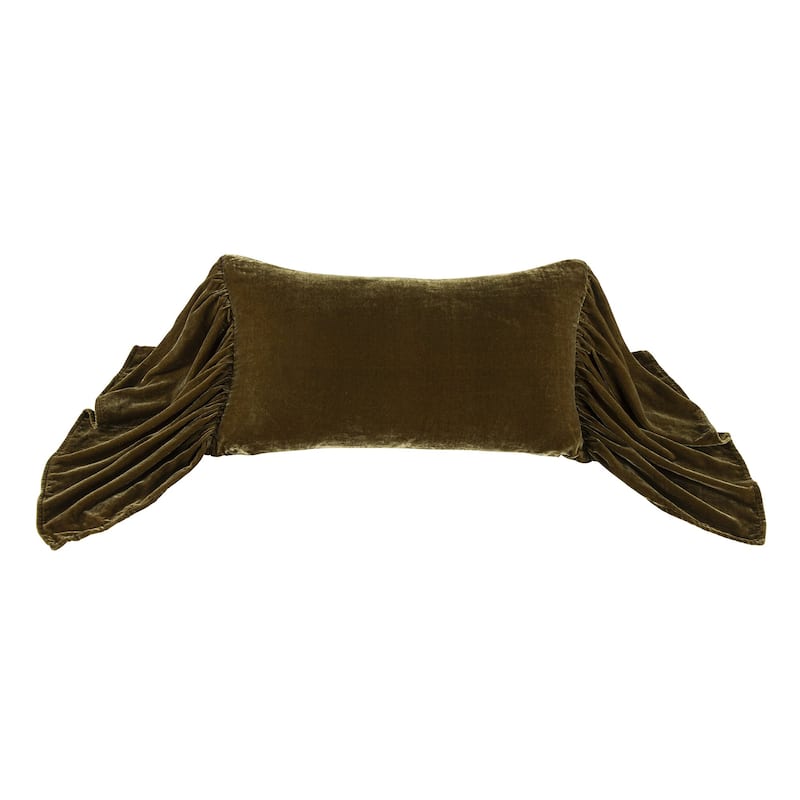 HiEnd Accents Stella Faux Silk Velvet Romantic Western Long Ruffled Decorative Throw Pillow, 14"x26" - Green Ochre