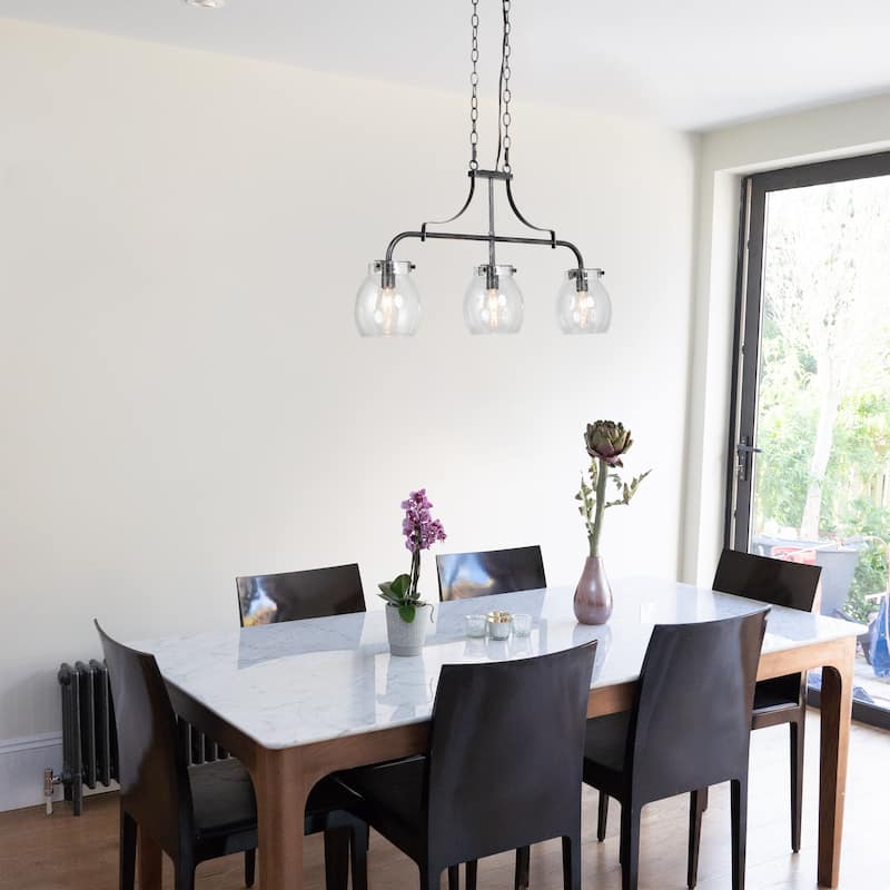 Modern Black 3-Light Linear Seeded Glass Chandelier Island Lights for Dining Room - L25"x W 5"x H 14"